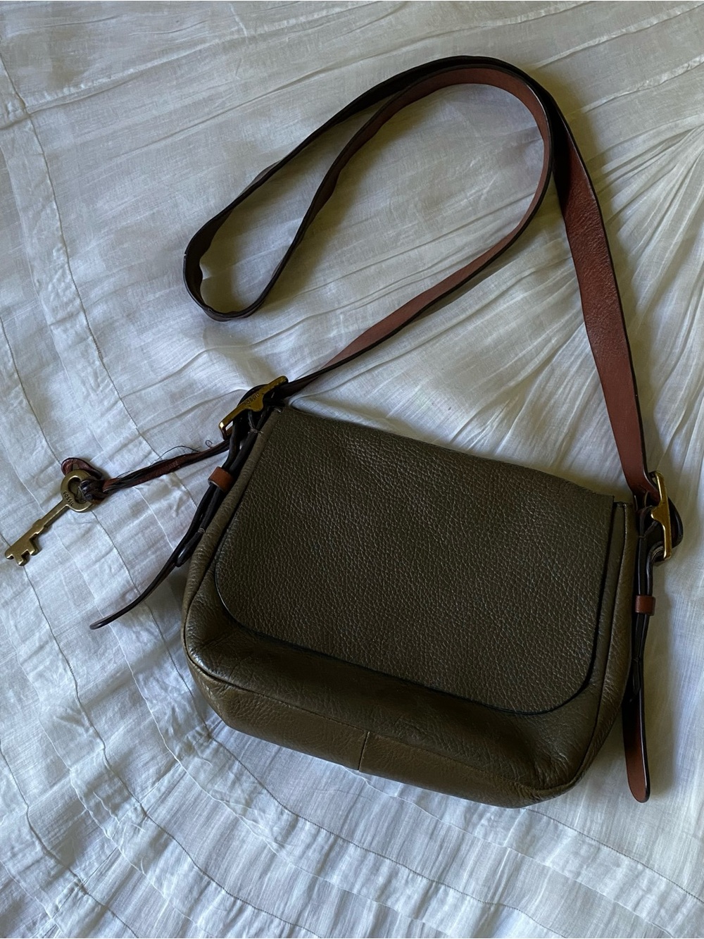 Fossil Olive Green Pebbled Leather Crossbody with Brown Strap